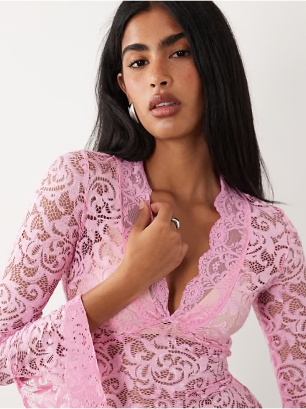 I.AM.GIA Pink Lace Long-Sleeve Plunge Top